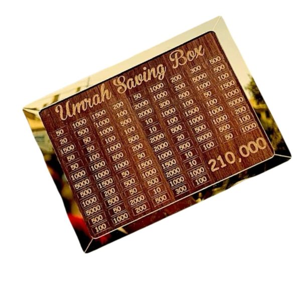 Dark Brown Wooden Umrah Money Box – Save for 210,000 Goal